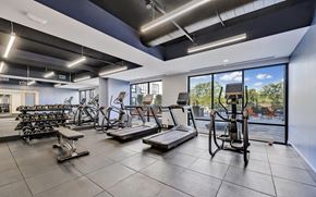 Boston apartment for rent - Sun-lit fitness center with cardio equipment, standing bikes, and free weights overlooking the courtyard