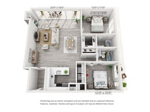 Floor plan for 2 beds, 2 baths, 1100 sqft
