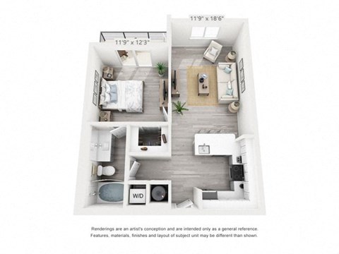 Floor plan for 1 bed, 1 bath, 691 sqft