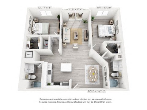 Floor plan for 2 beds, 2 baths, 1208 sqft