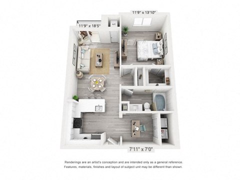 Floor plan for 1 bed, 1 bath, 809 sqft