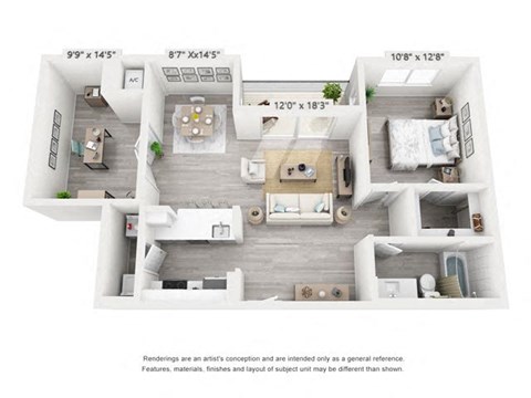 Floor plan for 1 bed, 1 bath, 934 sqft