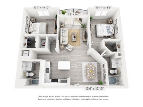 Floor plan for 2 beds, 2 baths, 1151 sqft