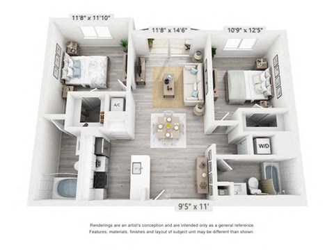 Floor plan for 2 beds, 2 baths, 993 sqft