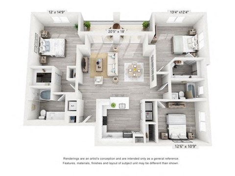 Floor plan for 3 beds, 2 baths, 1501 sqft