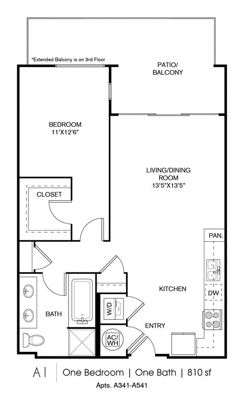 Floor plan for 1 bed, 1 bath, 810 sqft