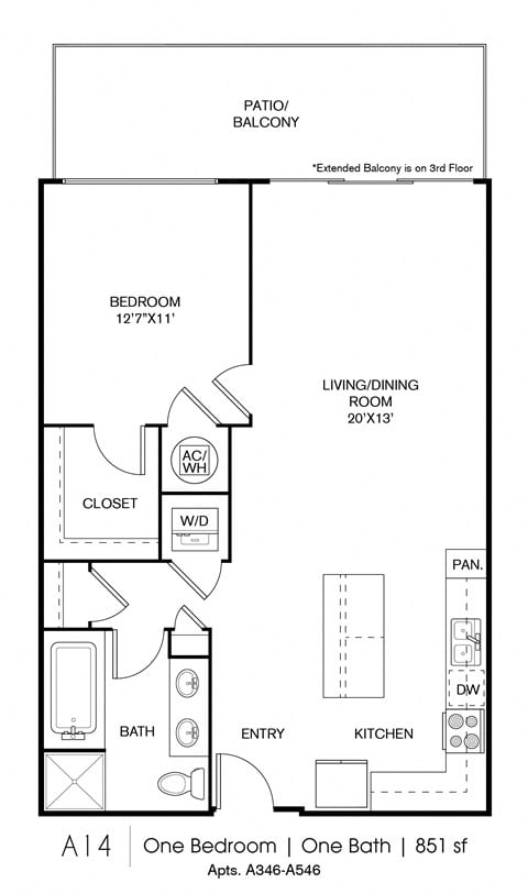 Floor plan for 1 bed, 1 bath, 851 sqft