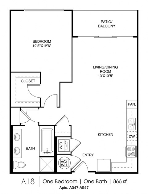 Floor plan for 1 bed, 1 bath, 866 sqft