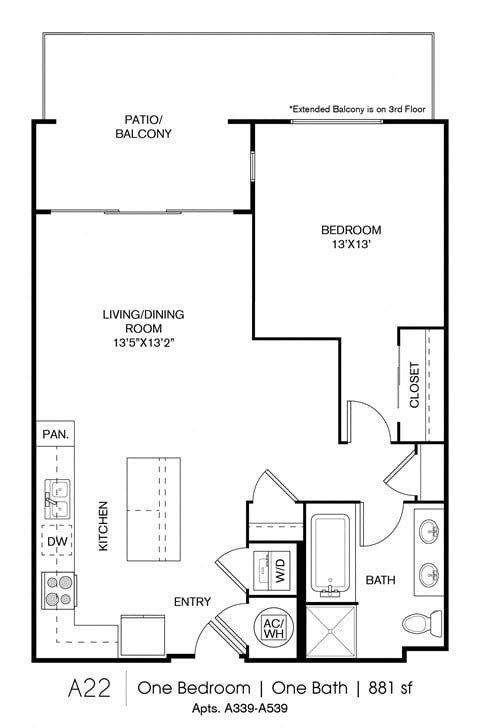Floor plan for 1 bed, 1 bath, 881 sqft