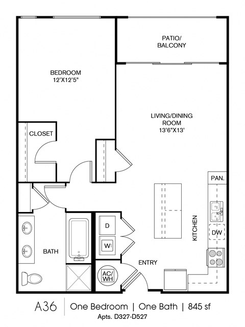 Floor plan for 1 bed, 1 bath, 845 sqft