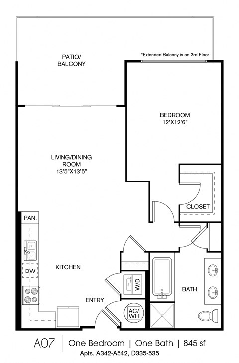 Floor plan for 1 bed, 1 bath, 845 sqft