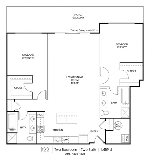 Floor plan for 2 beds, 2 baths, 1459 sqft