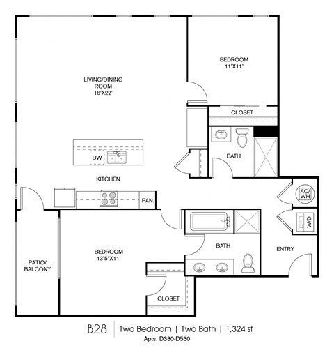 Floor plan for 2 beds, 2 baths, 1324 sqft