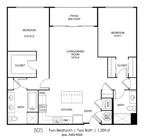 Floor plan for 2 beds, 2 baths, 1259 sqft