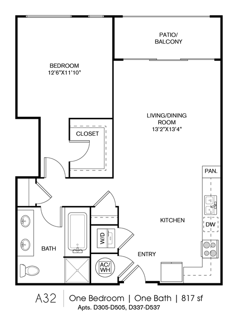 Floor plan for 1 bed, 1 bath, 817 sqft