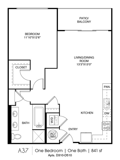 Floor plan for 1 bed, 1 bath, 841 sqft