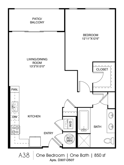 Floor plan for 1 bed, 1 bath, 850 sqft
