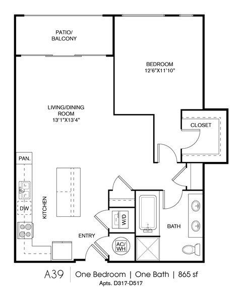 Floor plan for 1 bed, 1 bath, 865 sqft