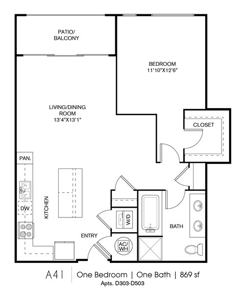 Floor plan for 1 bed, 1 bath, 869 sqft