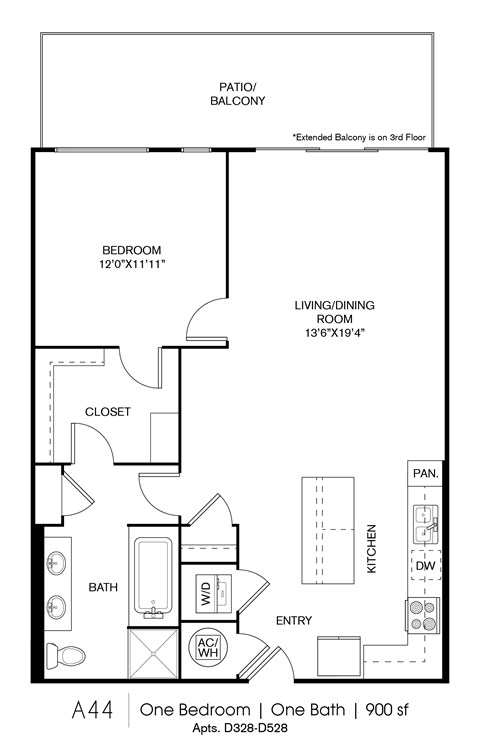 Floor plan for 1 bed, 1 bath, 900 sqft