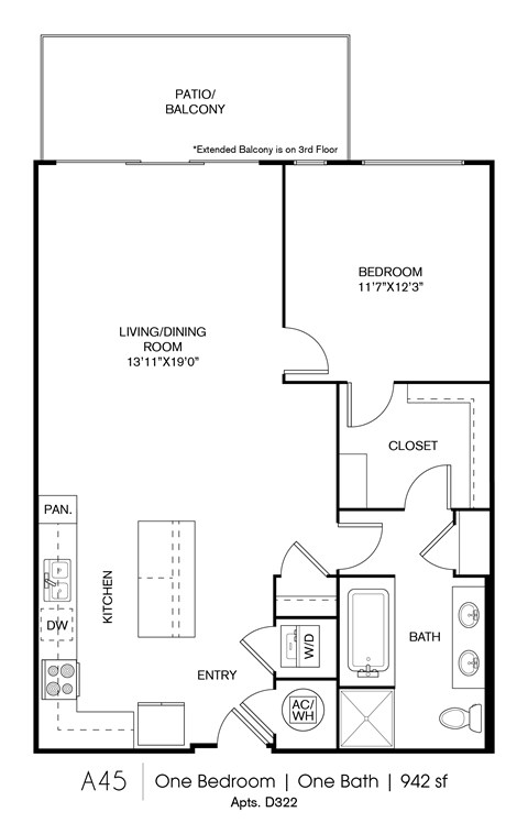 Floor plan for 1 bed, 1 bath, 924 sqft
