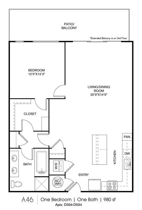 Floor plan for 1 bed, 1 bath, 980 sqft