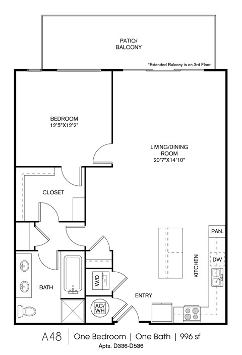 Floor plan for 1 bed, 1 bath, 996 sqft