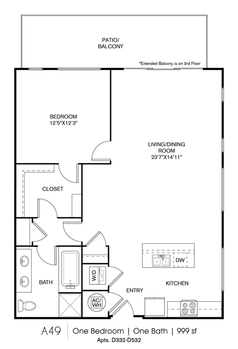 Floor plan for 1 bed, 1 bath, 999 sqft