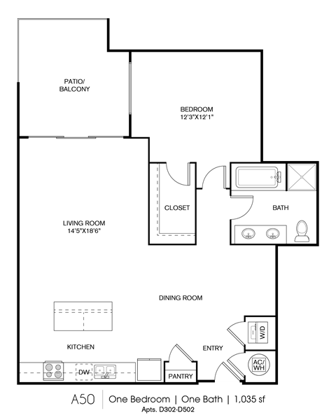 Floor plan for 1 bed, 1 bath, 1035 sqft
