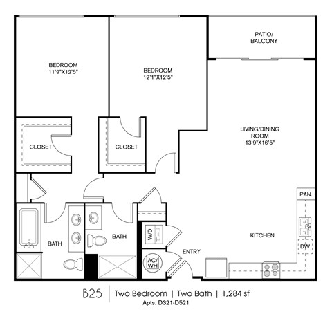 Floor plan for 2 beds, 2 baths, 1284 sqft