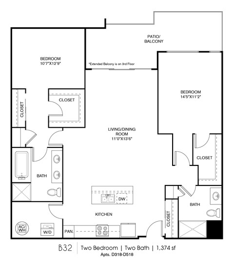 Floor plan for 2 beds, 2 baths, 1374 sqft