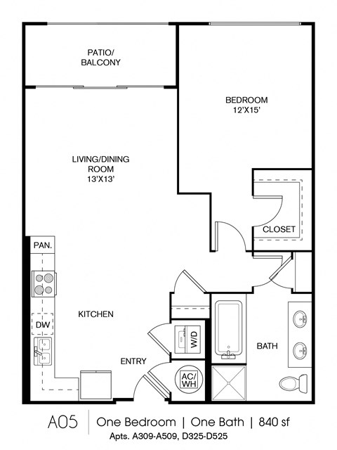 Floor plan for 1 bed, 1 bath, 840 sqft