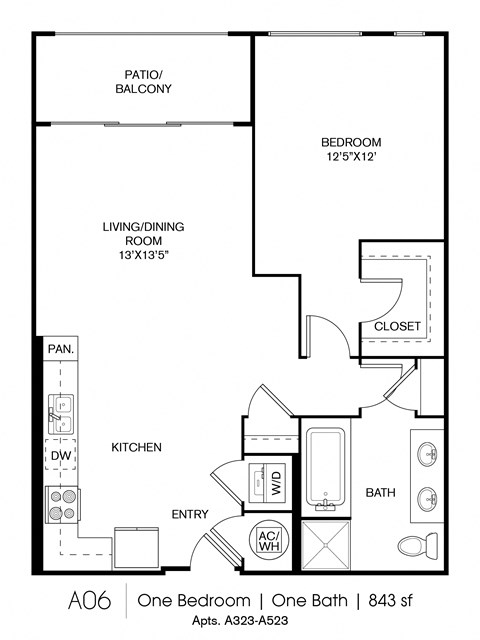 Floor plan for 1 bed, 1 bath, 843 sqft
