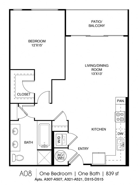 Floor plan for 1 bed, 1 bath, 839 sqft