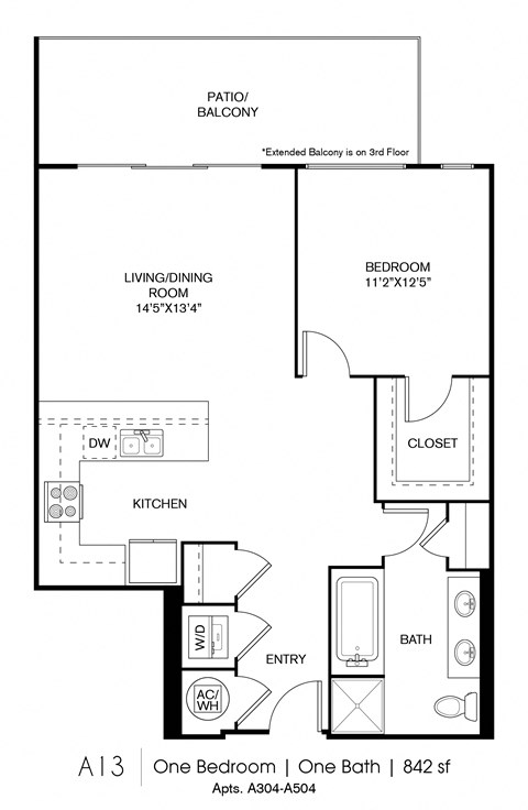 Floor plan for 1 bed, 1 bath, 842 sqft