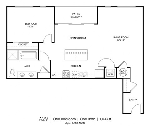 Floor plan for 1 bed, 1 bath, 1033 sqft