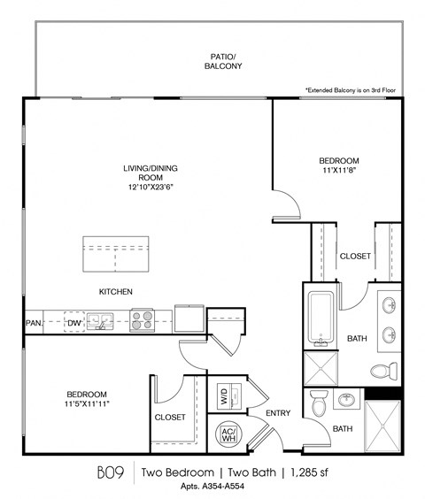 Floor plan for 2 beds, 2 baths, 1285 sqft