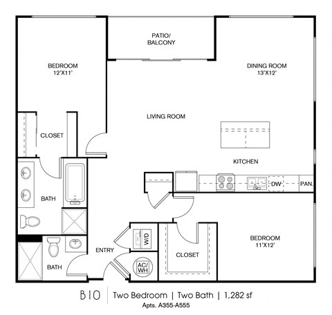 Floor plan for 2 beds, 2 baths, 1282 sqft