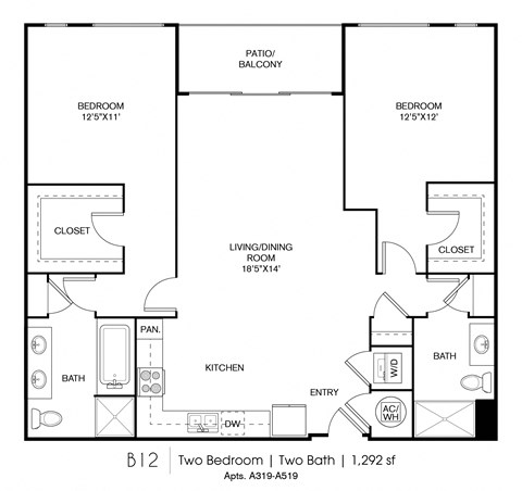 Floor plan for 2 beds, 2 baths, 1292 sqft