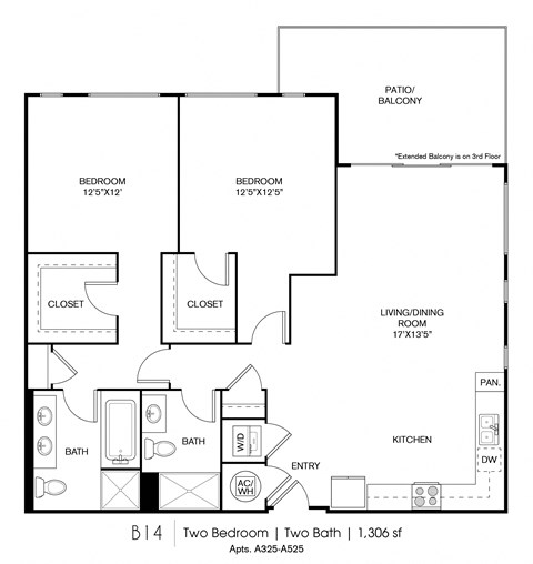 Floor plan for 2 beds, 2 baths, 1306 sqft