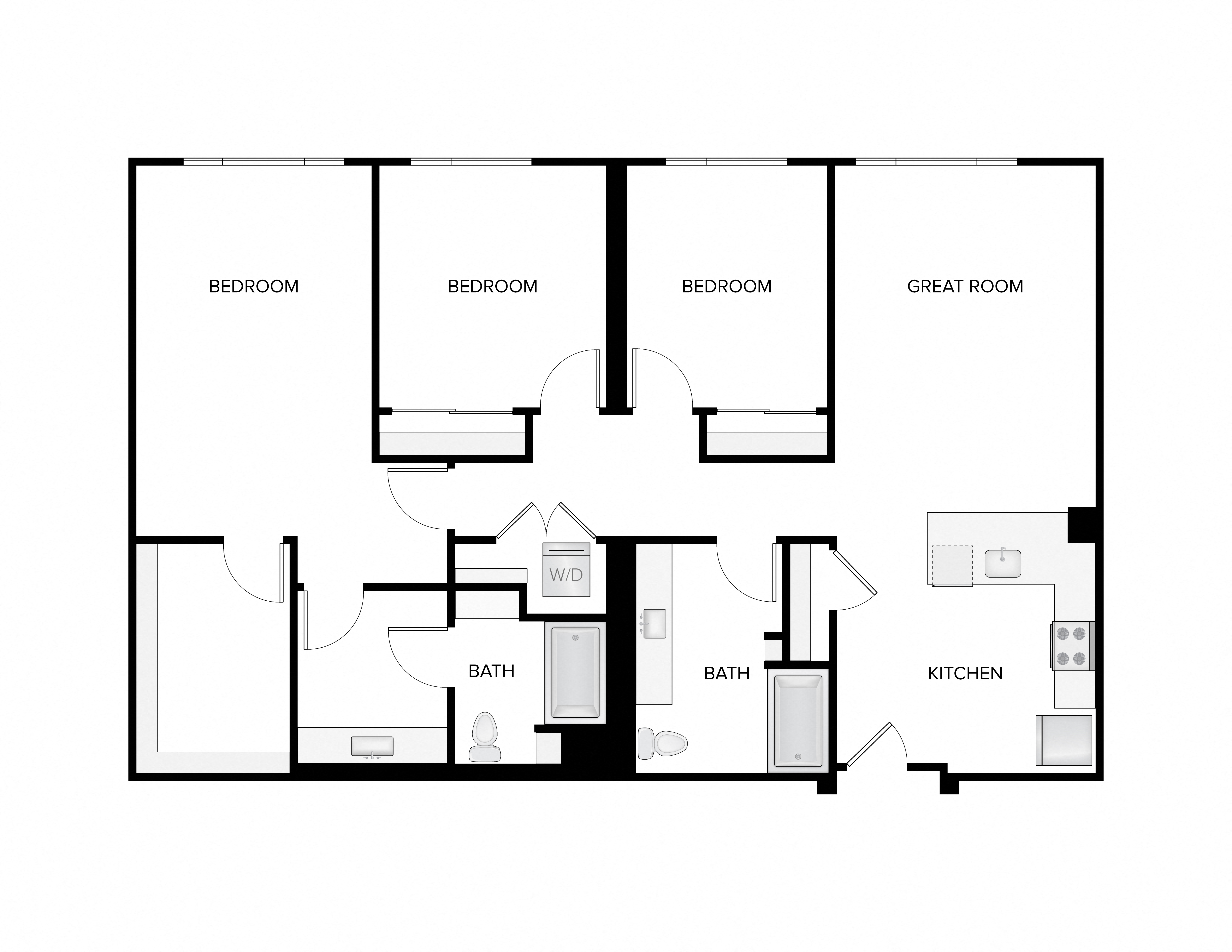 Floor plan for 3 beds, 2 baths, 1487 sqft