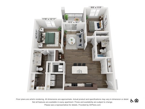 Floor plan for 2 beds, 2 baths, 1028 sqft