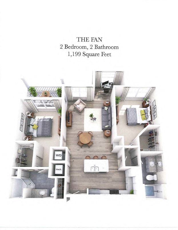 Floor plan for 2 beds, 2 baths, 1199 sqft