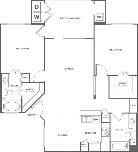 Floor plan for 2 beds, 2 baths, 1042 sqft