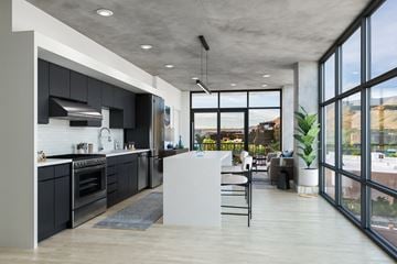 Salt Lake City apartment for rent - a rendering of a kitchen and living room with large windows and a table