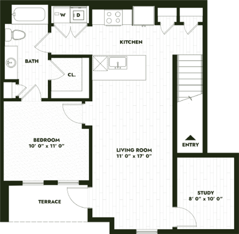 Floor plan for 1 bed, 1 bath, 860 sqft