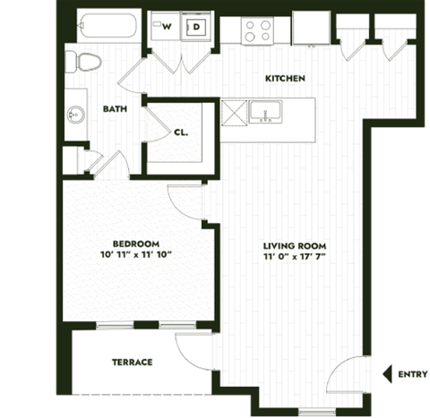 Floor plan for 1 bed, 1 bath, 723 sqft