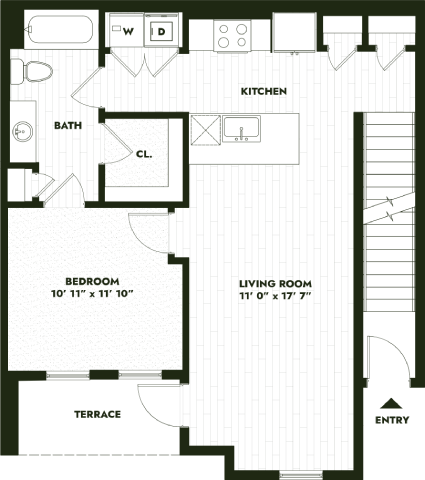 Floor plan for 1 bed, 1 bath, 783 sqft