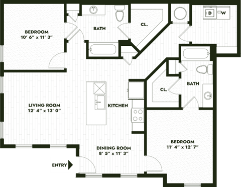 Floor plan for 2 beds, 2 baths, 1112 sqft