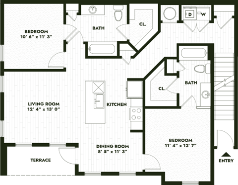 Floor plan for 2 beds, 2 baths, 1172 sqft